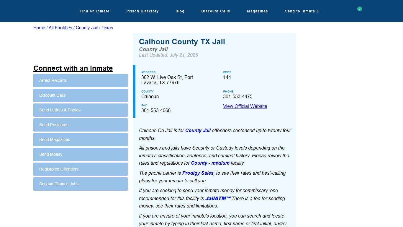 Calhoun County TX Jail Inmate Search, Visitation and Contact Information - InmateAid